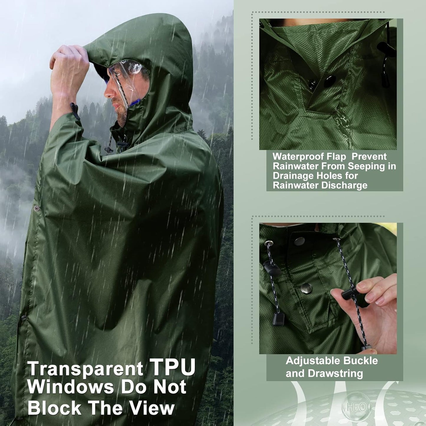 Andake Waterproof Rain Poncho for Adults Unisex,230T Ripstop Polyester,Raincoat Gear with Transparent Viewing Window Outdoors
