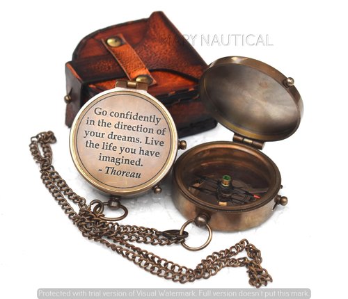 Mary nautical -Thoreau's Go Confidently Graduation Gift for him, Camping Compass with Leather Pouch Boating Hiking Religious Gifts, Missionary Gifts Keepsake. Confirmation Gift Direction Compass