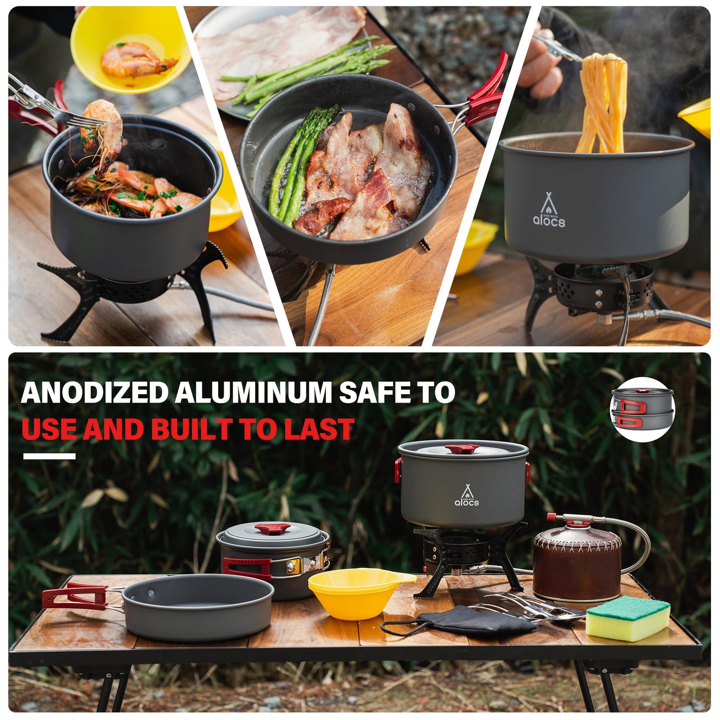 Alocs 13pcs Camping Cookware, Portable Camping Essentials with Accessories, Camping Gear Camping Cooking Set for Outdoor Cooking, Backpacking, Hiking and Picnic.