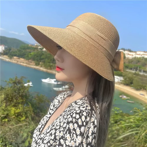 Womens Straw Sun Hat Wide Brim UV Protection Bucket Hat Foldable Packable Bowknot Visor Sun Cap Summer Outdoor Beach Cap Khaki