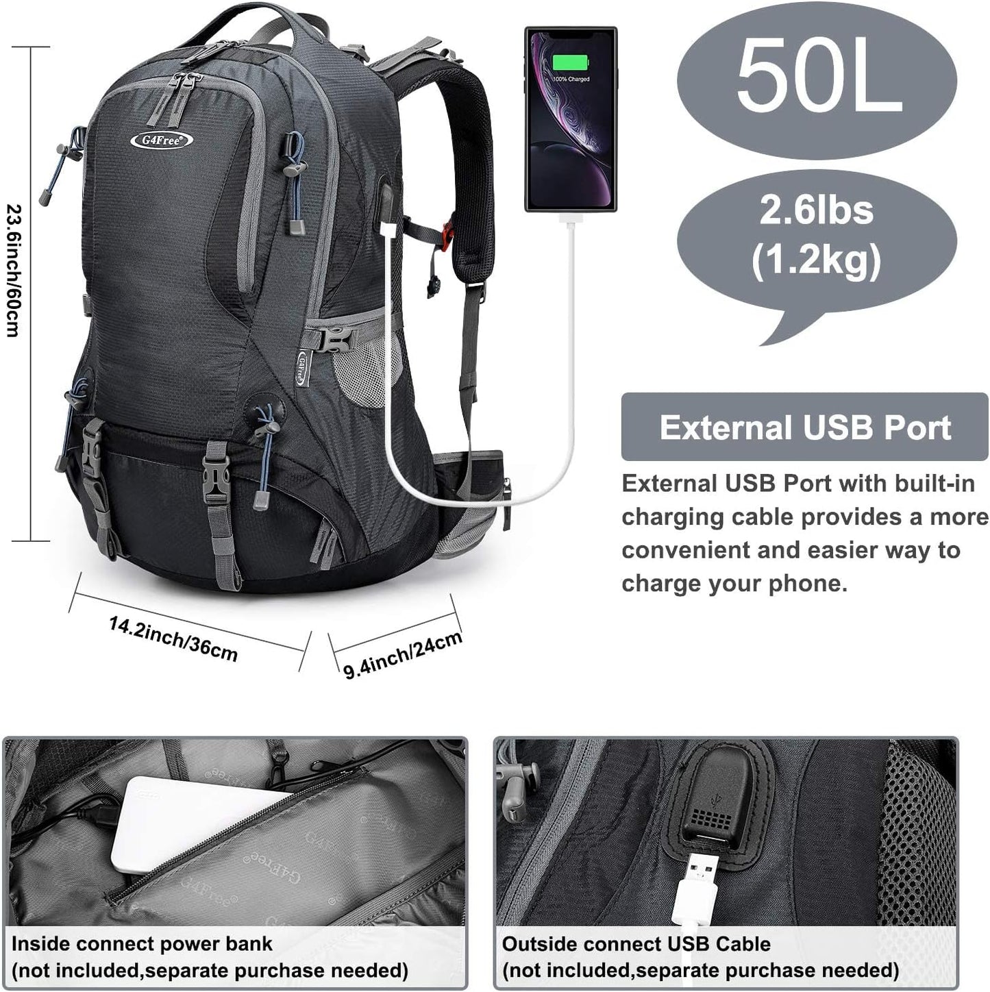 G4Free 50L Hiking Backpack Waterproof Daypack Outdoor Camping Climbing Backpack with Rain Cover for Men Women