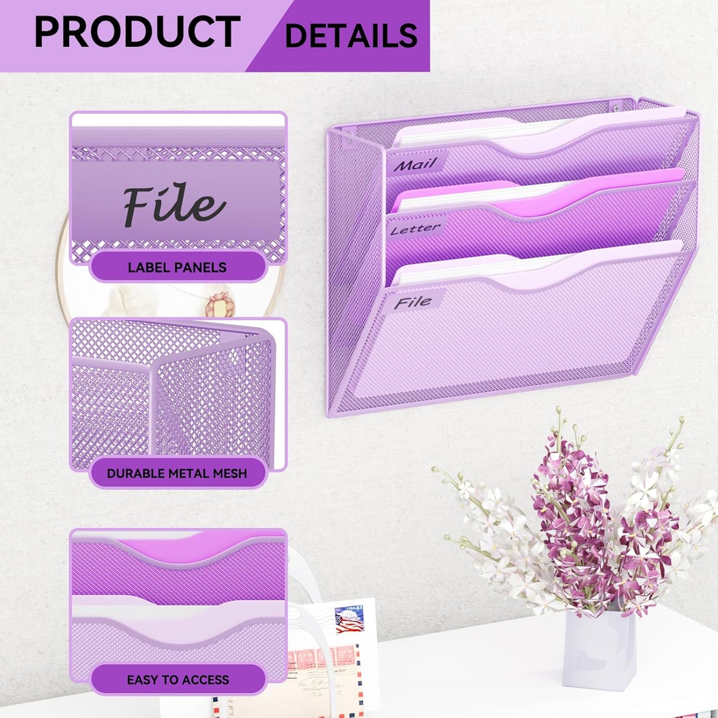 5 Pockets Mesh Hanging Wall File Holder Organizer Wall Mounted Paper Magazine Rack, Black