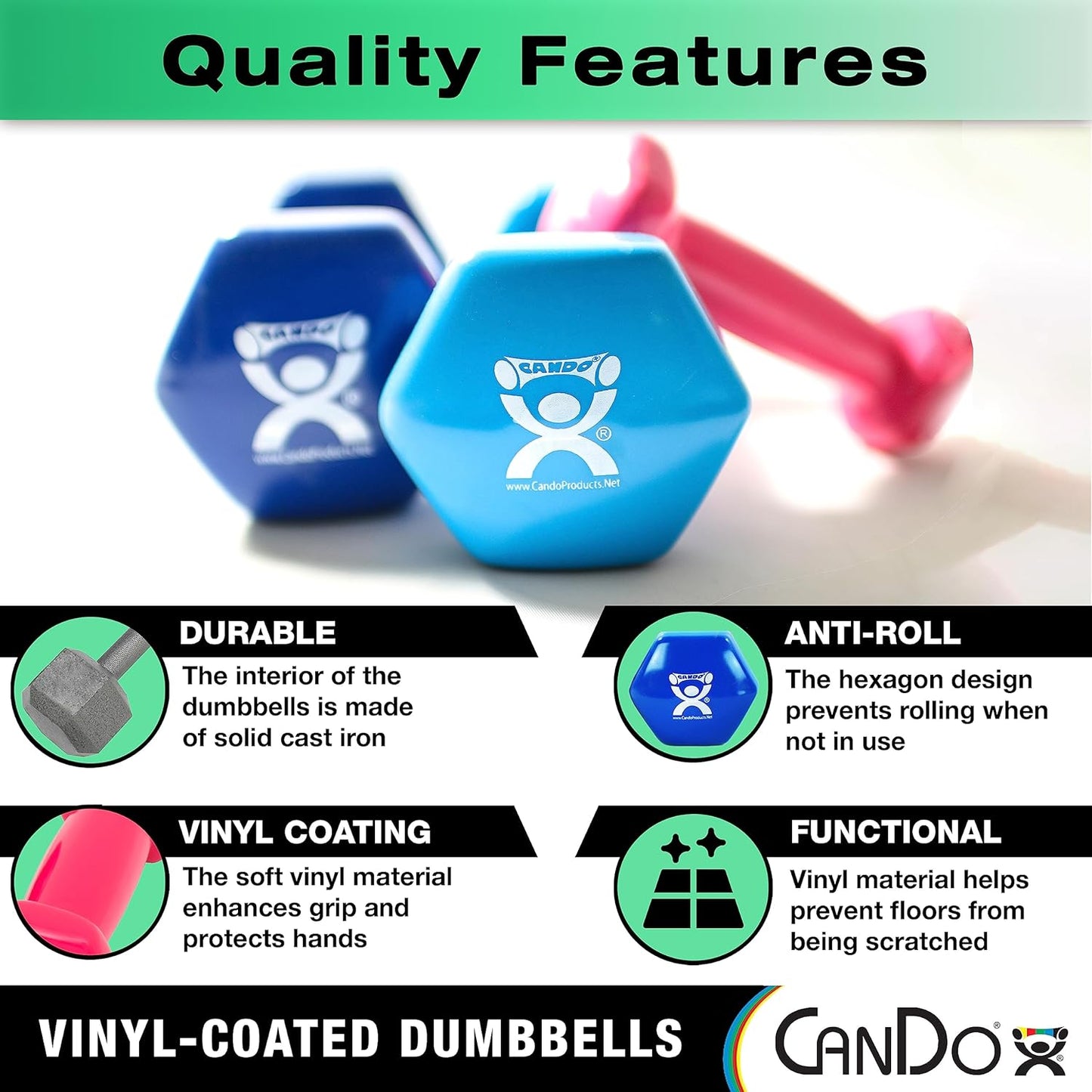 CanDo Vinyl Coated Dumbbells Pair Green 3 lb 2pc Handheld Weights for Muscle Training and Workouts, Color Coded Anti-Roll Home Gym Equipment, Beginner and Pro