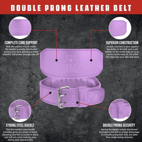 Bear Grips Weight Lifting Belt 7mm Weightlifting Belt Padded Gym Belt Double Prong Squat Belt Leather Workout Belt Powerlifting Deadlift Belt Back Support Exercise Belt Training Cinturon Purple Large