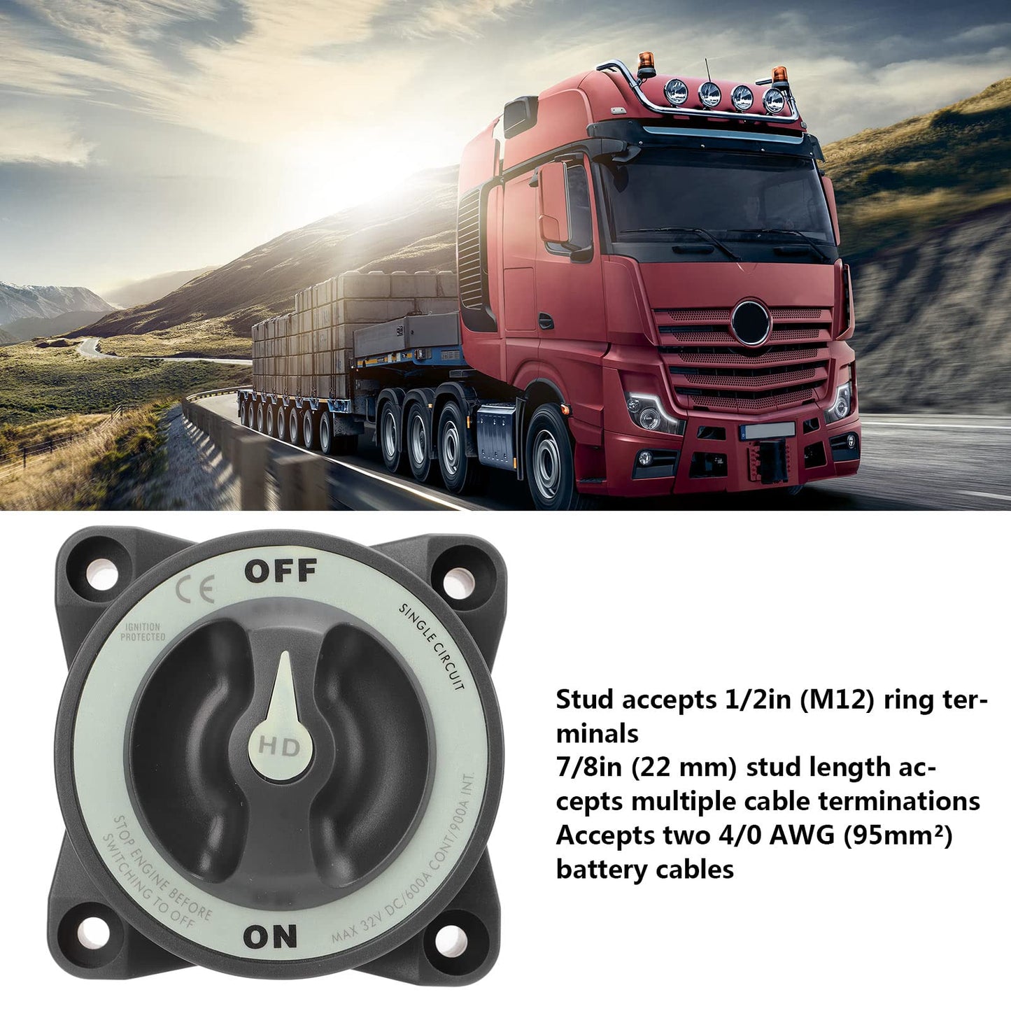 600A Master Battery Power Cut Disconnect Switch Isolator Single Circuit ON Off IP66 3 Studs for RV Gasoline Powered Boat Marine