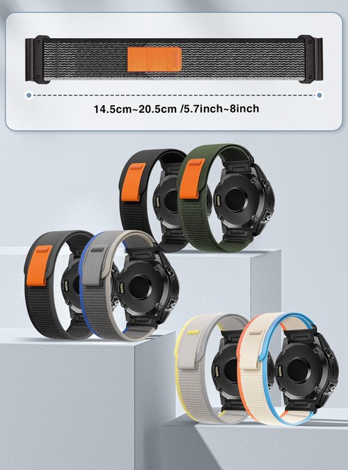 Sports-Band for Garmin Fenix E/Fenix 8 AMOLED 47mm/Fenix 7/Fenix 7 pro/Fenix 6/Fenix 6 pro/Fenix 5/Fenix 5 Plus, Quickfit 22mm Adjustable Nylon Loop Bands for Men Women, Breathable, Durable(BlackGrey)