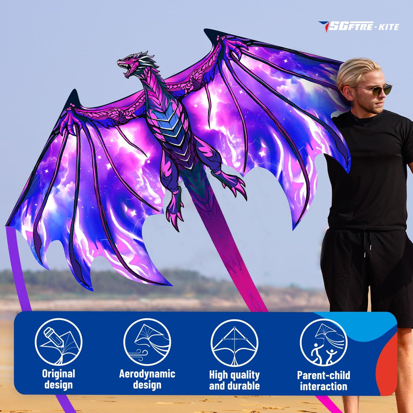 SGftre Complete Kite with Handle, Line & Accessories,Easy to Fly for Kids & Adults, Perfect for Beach, Park, Family Outdoor Activities (Speed Dragon Purple, 1)