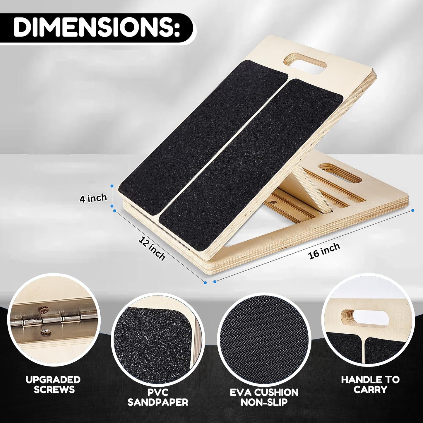 Fab Pad Wooden Slant Board for Calf Stretching – Adjustable Incline Exercise Stretcher for Ankle, Heel, Knees & Leg Mobility – Portable Wedge Equipment for Squats – Yellow Resistant Band