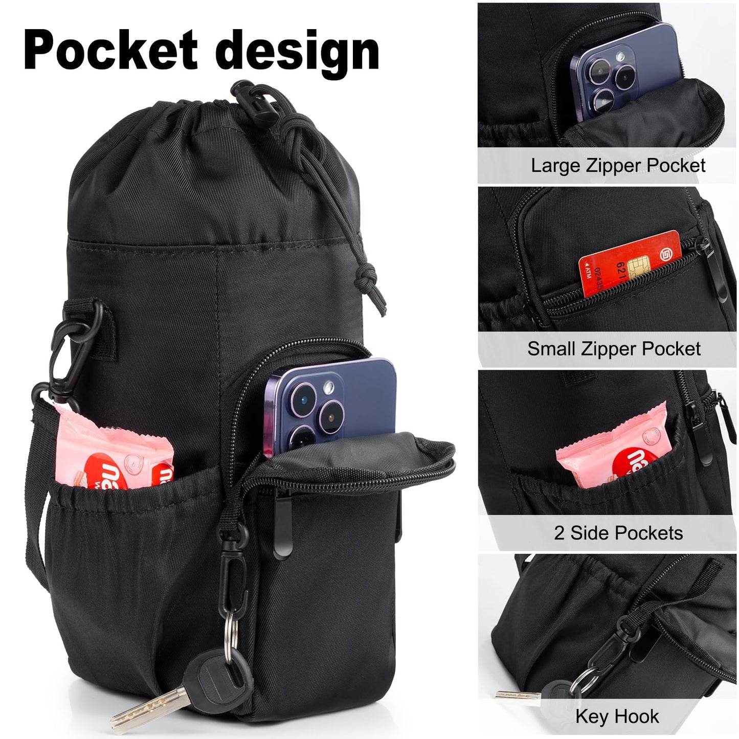 FXTBE Water Bottle Carrier with Strap and Pouch 32oz 40oz 64oz 16oz Water Bottles, Crossbody, Insulated Cooler Bag, Shoulder Sling for Walking, Black