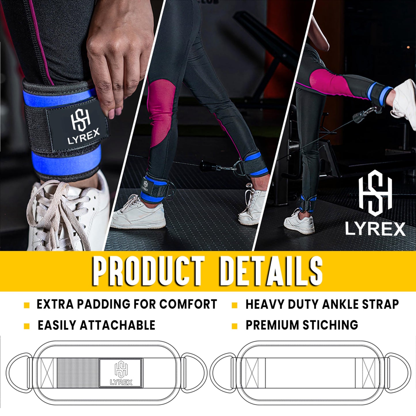 Ankle Strap for Cable Machine and Strength Training - Premium Padding for Comfort, Ankle Cable Starps for Workout, Compatible with Glute Kickback, Leg Extension, Leg Press, Hip Abductors & lower body exercises- Blue