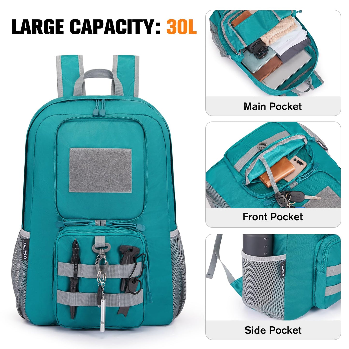 G4Free 30L Packable Lightweight Backpack for Hiking Travel, Foldable Daypack Water Resistant for Men Women(Peacock Blue)