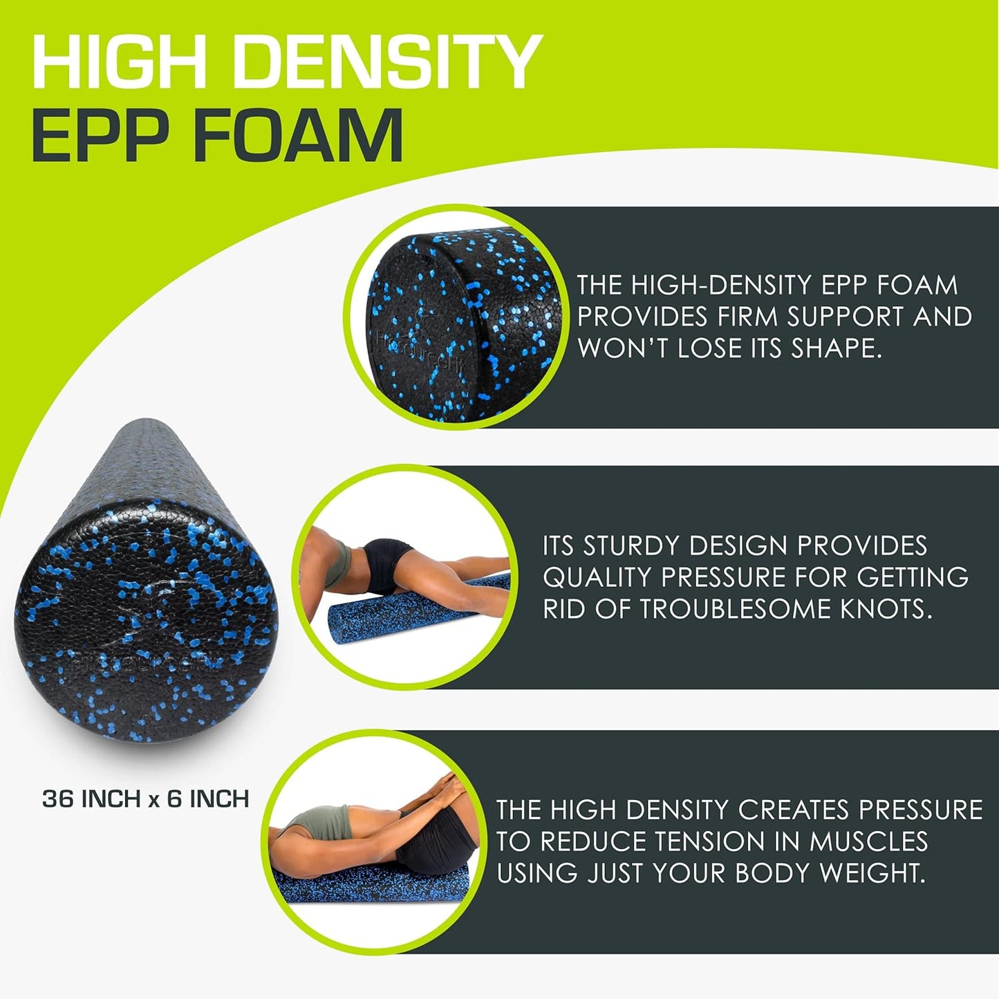 ProsourceFit High Density Foam Rollers 12 - inches Long, Firm Full Body Athletic Massage Tool for Back Stretching, Yoga, Pilates, Post Workout Muscle Recuperation, Black/Green