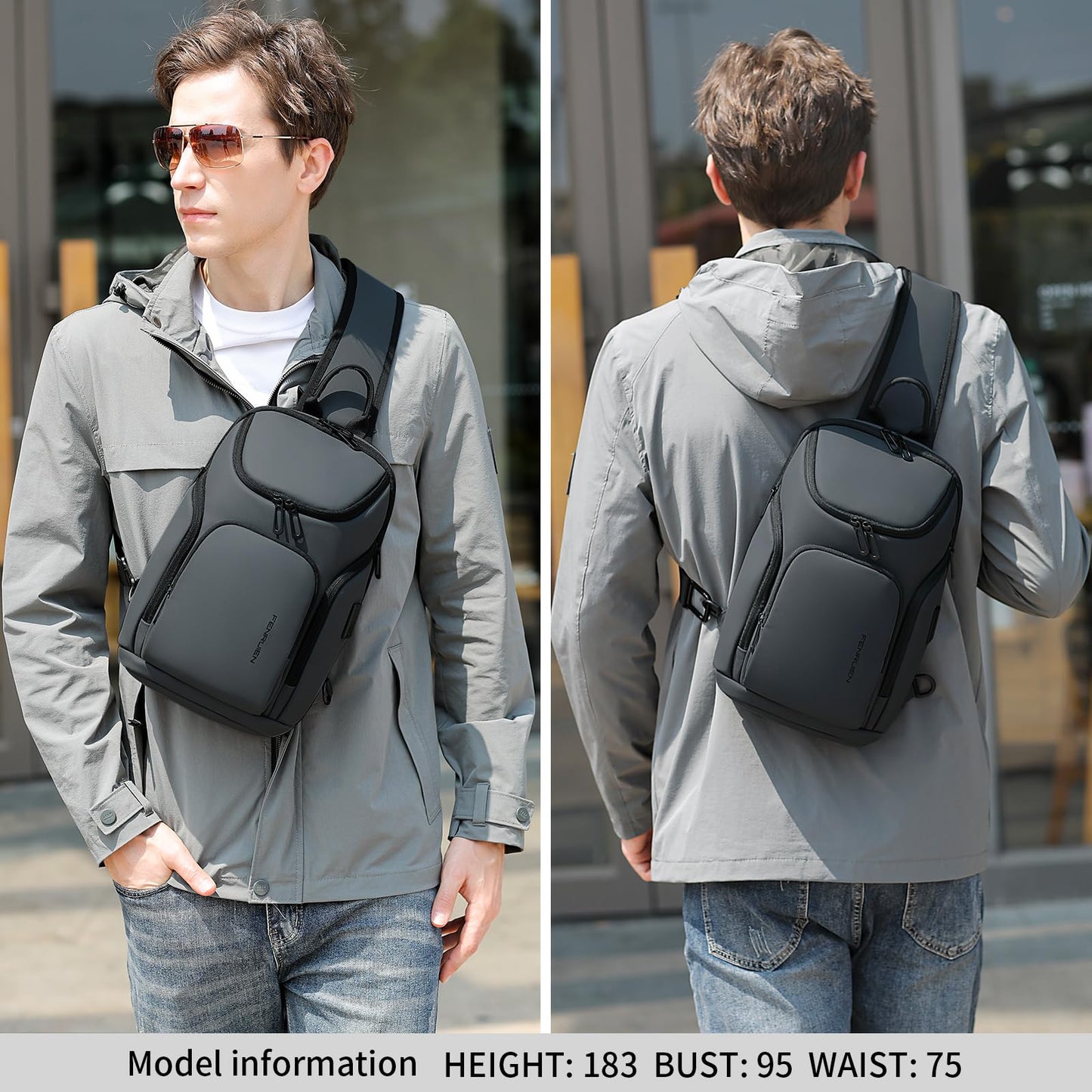 FENRUIEN Grey Sling Bag, Lightweight Crossbody Bag with USB, Sling Backpack Shoulder Chest Pack for Men Casual Rucksack for Daypack/Hiking/Travel/Sports