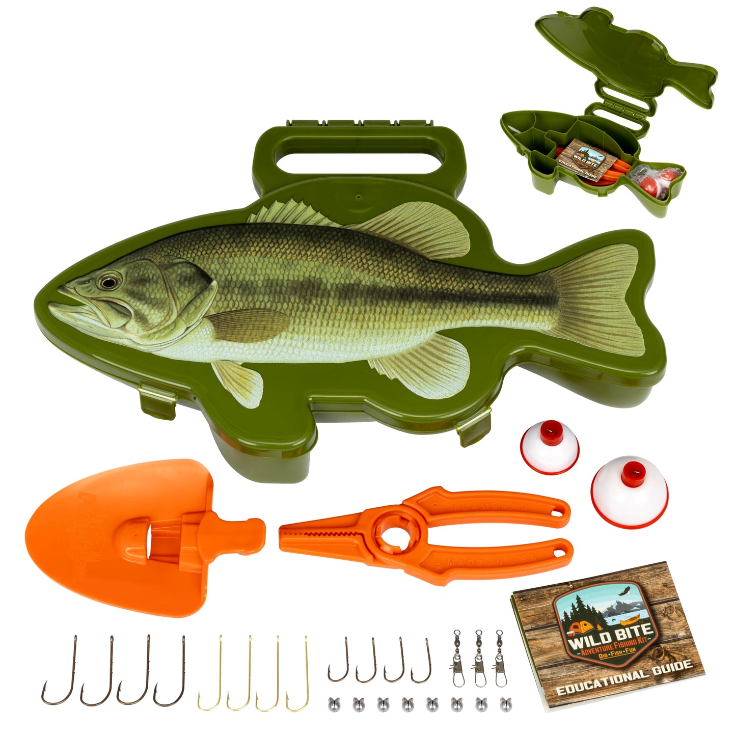 Flambeau Outdoors Wild Bite Fishing Tackle Box Kit Green/BASS - Tackle Box for Beginners, 25-Piece Multi-Species Tackle Assortment for Catching Bass/Panfish/Trout, Spade and Plier Multi-Tool
