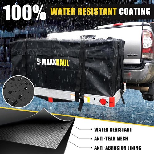 MaxxHaul 70209 Soft Shell Cargo Carrier Bag for Hitch Mount Cargo Rack - Heavy Duty and Water Resistant 47 inch 20 inch x 20 inch Black with Tie Down Straps