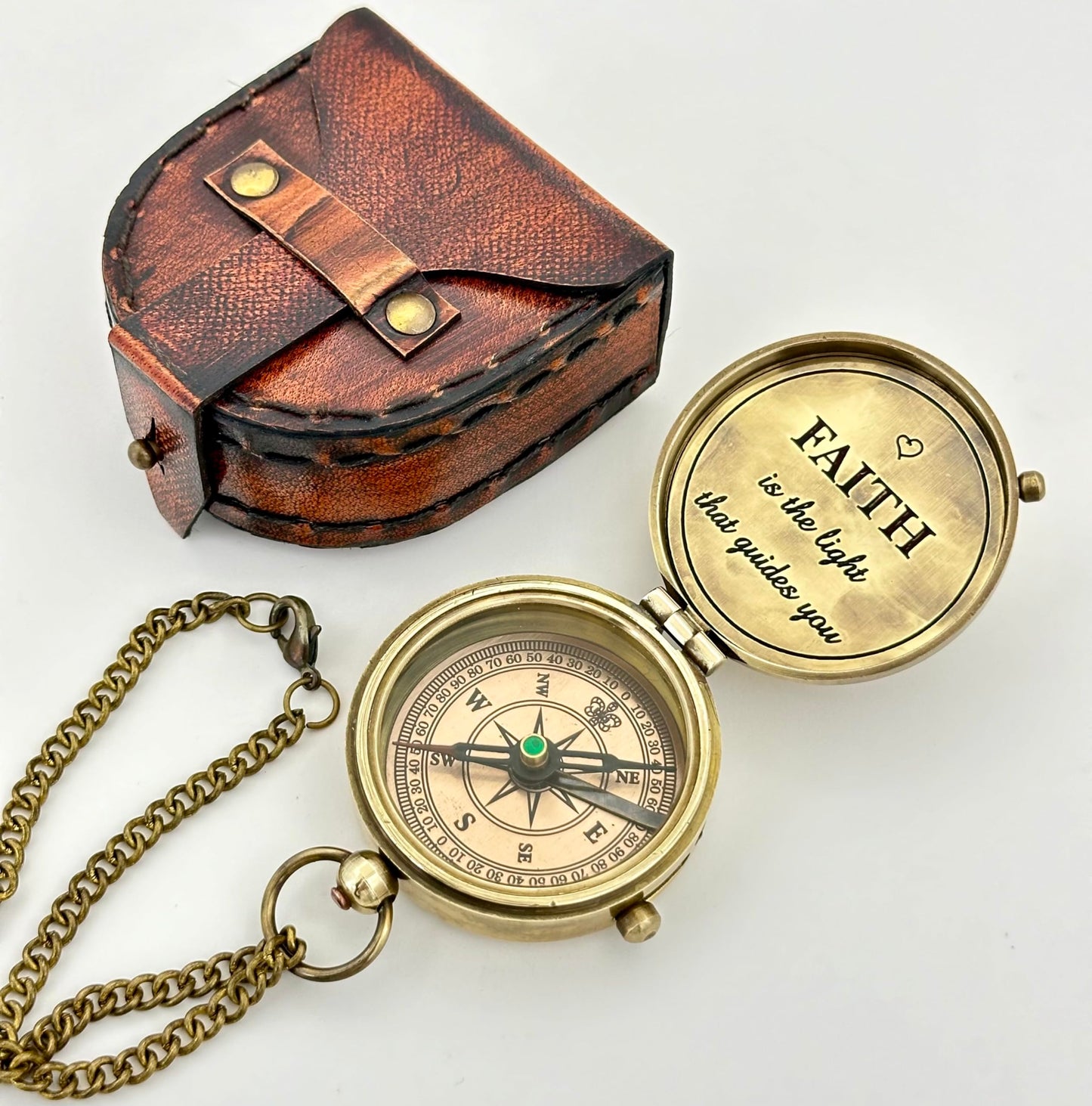 Faith Compass – Inspirational Gift for Men & Boys | Christian Baptism, Communion, Confirmation, or Graduation Present | “Faith is The Light That Guides You” Engraved | Leather Box