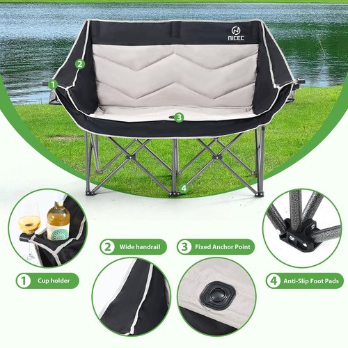 Nice C Loveseat Camping Chair, Double Camping Chair, Outdoor Camping Couch, Oversized Camping Loveseat, Padded Folding Chair for Adults, with Cooler Bag, Wine Glass Holder (Black&Grey)