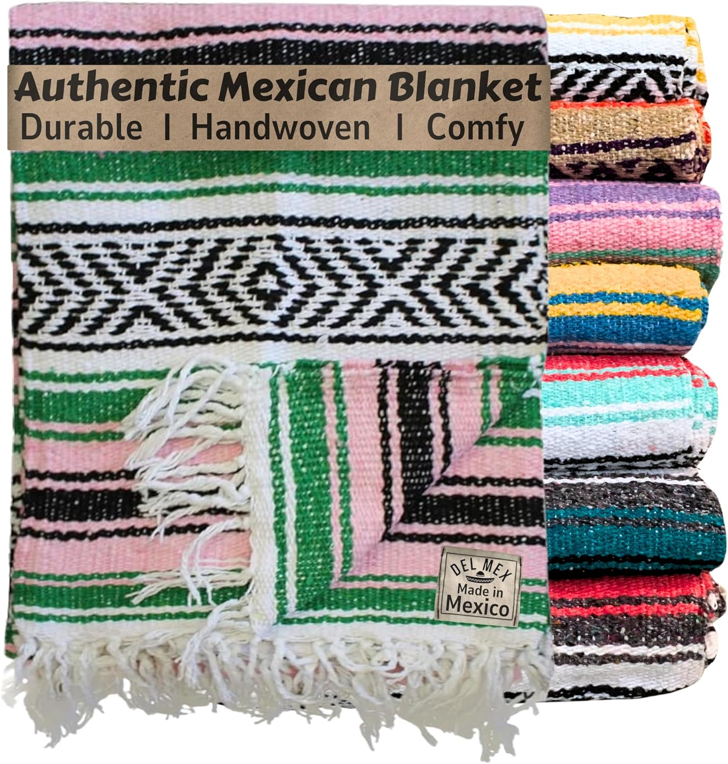 Authentic Del Mex Large Mexican Blanket - Woven Falsa Throw (70"x50") for Beach, Yoga & Outdoor Decor - Pink/Tan