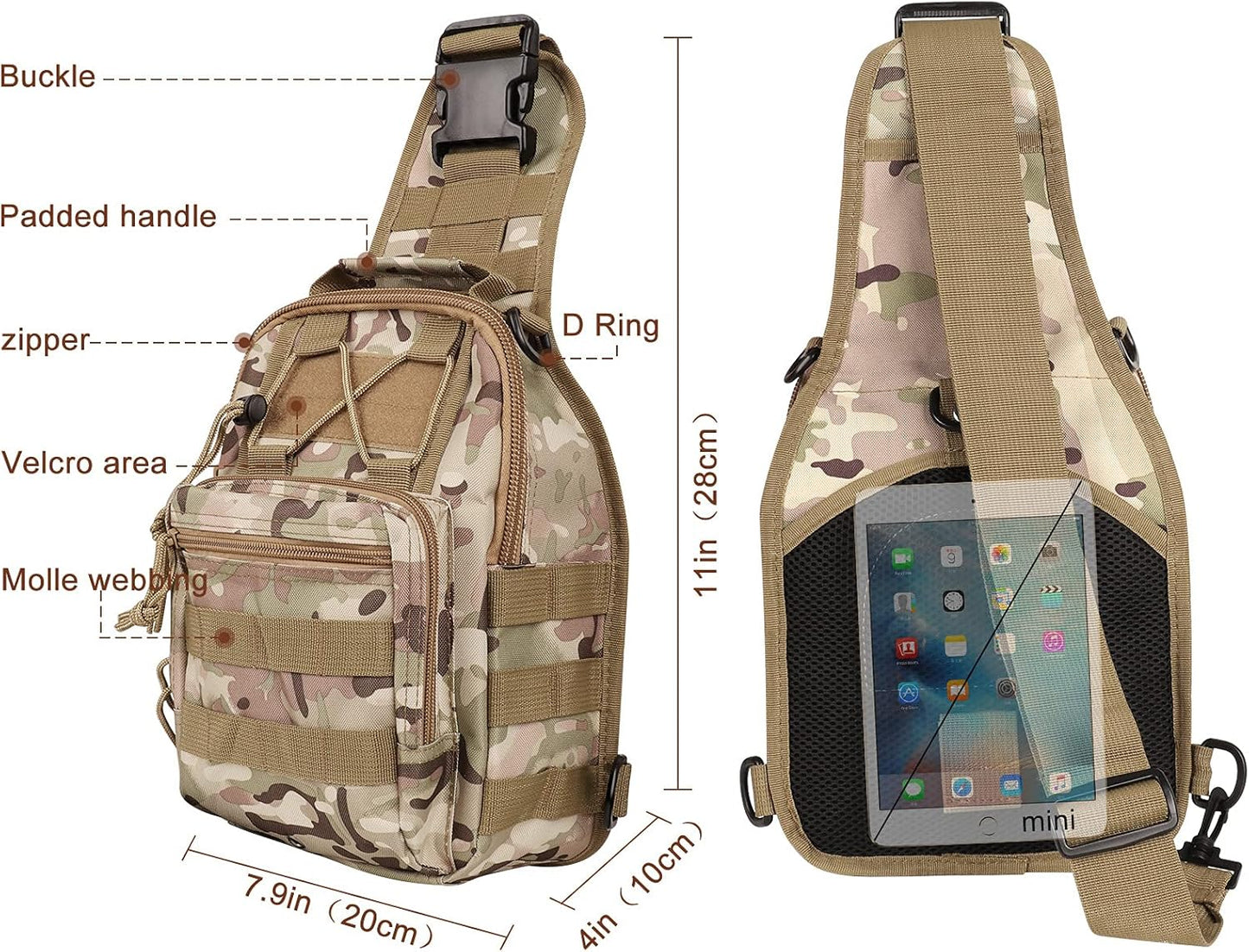 Qcute Tactical Backpack, Waterproof Military Cross-body Molle Sling Shoulder Backpack Chest Bag for Outdoor Every Day Carry