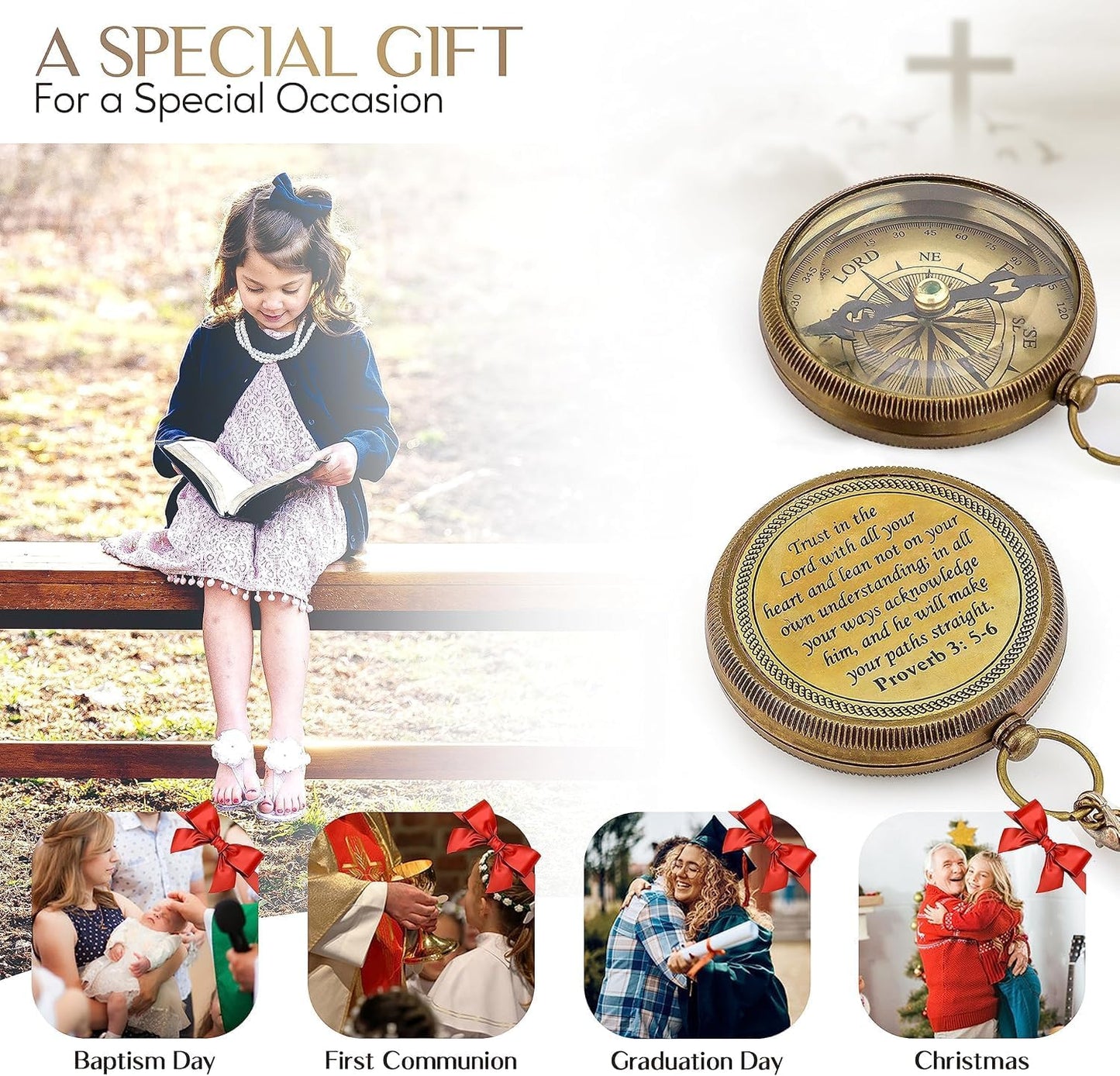 God is My Guide Brass Compass Gift with Display Box - Engraved Scripture Prayer Compass Religious Gift for Men & Women - Baptism, Confirmation, Communion Compass for Boys Graduation Gift