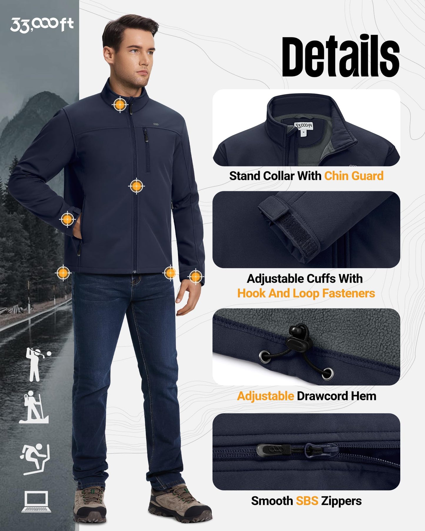 33,000ft Men's Waterproof Softshell Jacket Warm Fleece Lined Windbreaker Lightweight Soft Shell for Travel Hiking Golf