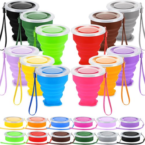 Purpeak 12 Pcs Silicone Collapsible Cup 7.04 oz Folding Camping Travel Collapsible Coffee Cup Portable Reusable Expandable Drinking with Lids for Outdoor Hiking(Multi Colors)