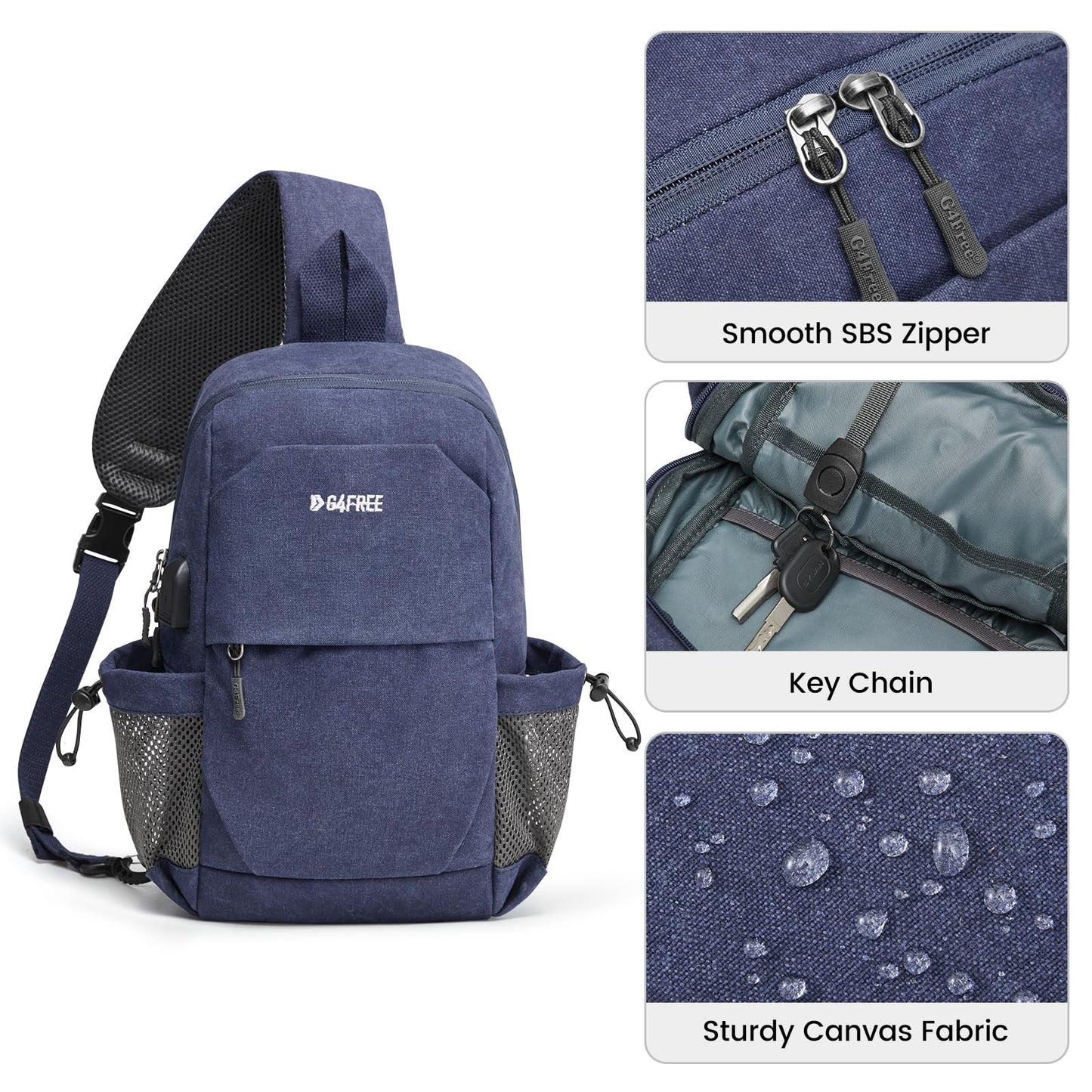 G4Free Canvas Sling Bag Crossbody Backpack Shoulder Bag for Men Women with Anti-theft Pocket & USB Charge Port (Dark Blue)