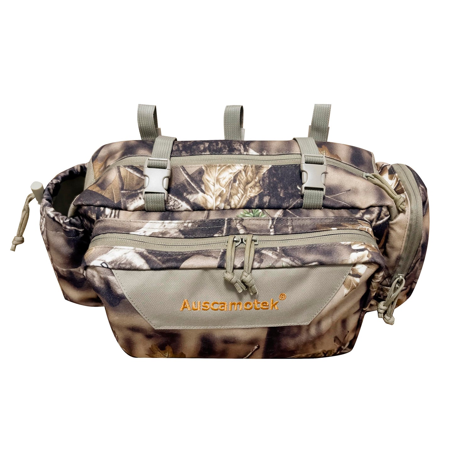 AUSCAMOTEK Camouflage Hanging Bag for Treestand Platform Saddle Hunting – Camo Fanny Pack for Hunting Accessories and Storage with Expandable Compartments and Water Holder