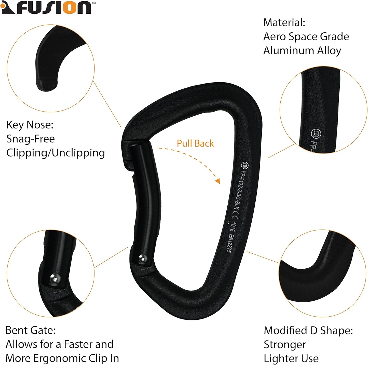 FUSION Climb Vapor III Military Tactical Matte Edition Aluminum Straight Gate Key Nose Modified D Carabiner Black, Hunting Carabiner (FP-8122-3ST-BLK)