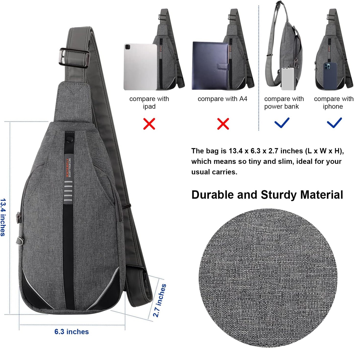 WATERFLY Small Crossbody Sling Backpack Anti Theft Backpack for Traveling Chest Bags for Men&Women Multipurpose Casual Daypack Hiking Shoulder Bag (Black)
