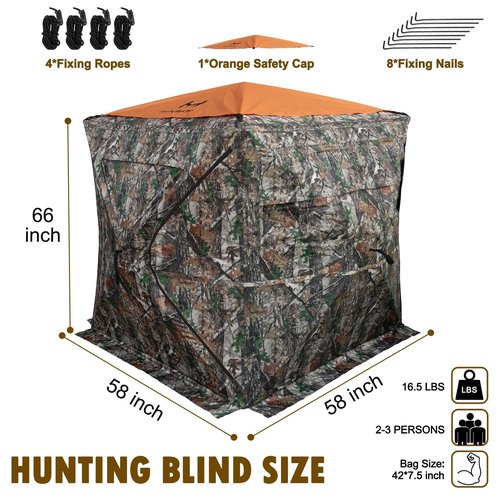 Hunthor Hunting Blind for 2-3 Person, 360 Degree See-Through Ground Blind with Silent Zipper and Orange Top, Portable Pop-Up Tent for Deer and Turkey Hunting with Carry Bag