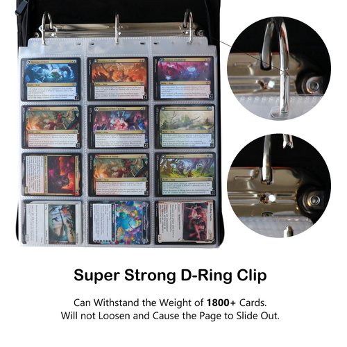 Rayvol Trading Card Binder, 12 Pocket Fit 1800 Cards - Metal D-Ring Card Holder with 75 Double-Sided Clear Pages, Top-Loading Collectors Album -Black