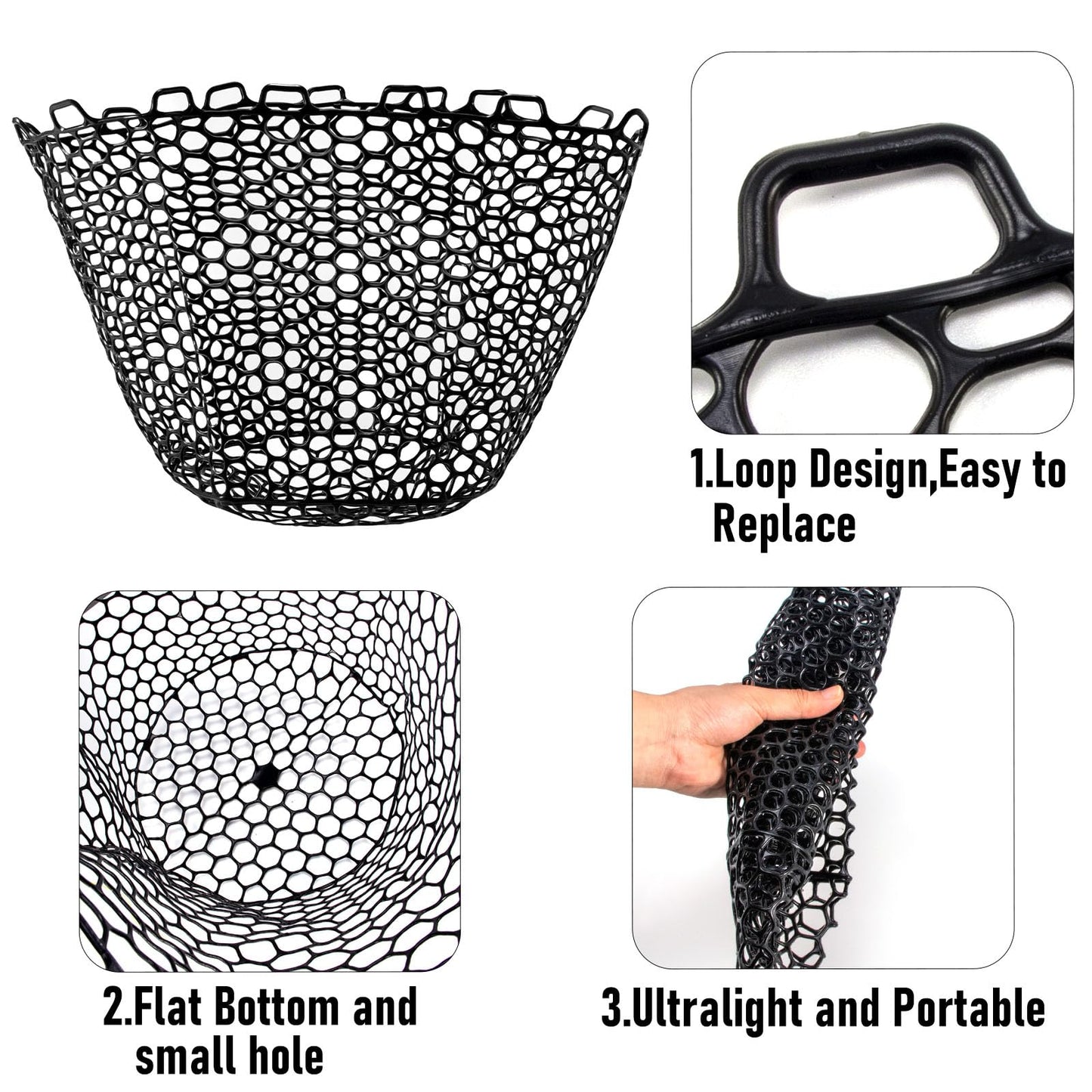 Alwonder Fishing Nets Silicone Replacement Netting, Clear Black Fly Fishing Net Landing Kayak Nets Without Handle for Freshwater Saltwater Foldable Soft Flexible Trout Net Silicone Mesh W3525