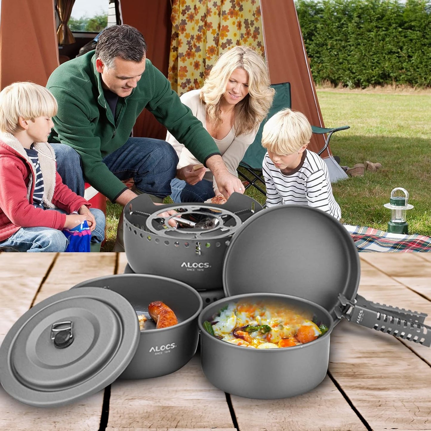 ALOCS Camping Cookware - 11 Piece Lightweight Camp Cooking Set with Portable Camping Stove & Gas Stove Burner - Durable Compact Camping Pot for Hiking Car Camping Vanlife RV
