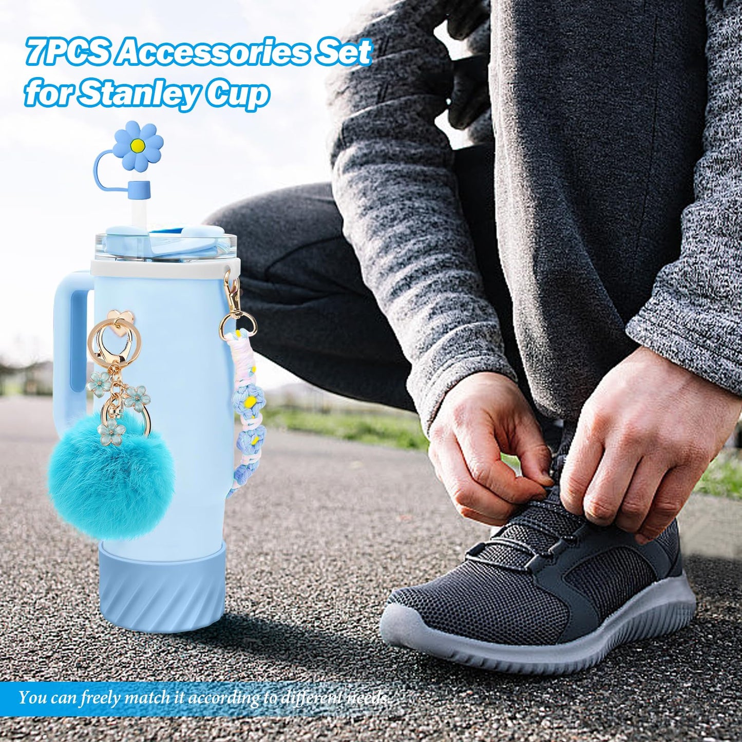 7PCS Accessories Set for Stanley Cup 40 oz 30oz, Including Protective Silicone Boot, Water Bottle Handle Strap, Keychain Charm, Heart Hook, Straw Cover Cap for Stanley Cup Accessories (Blue)