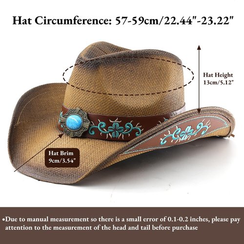 LIDHAY Men & Women's Woven Straw Cowboy Cowgirl Hat New Western Style Classic Cowboy Straw Hat Wide Brim Sun Hat R29 Brown