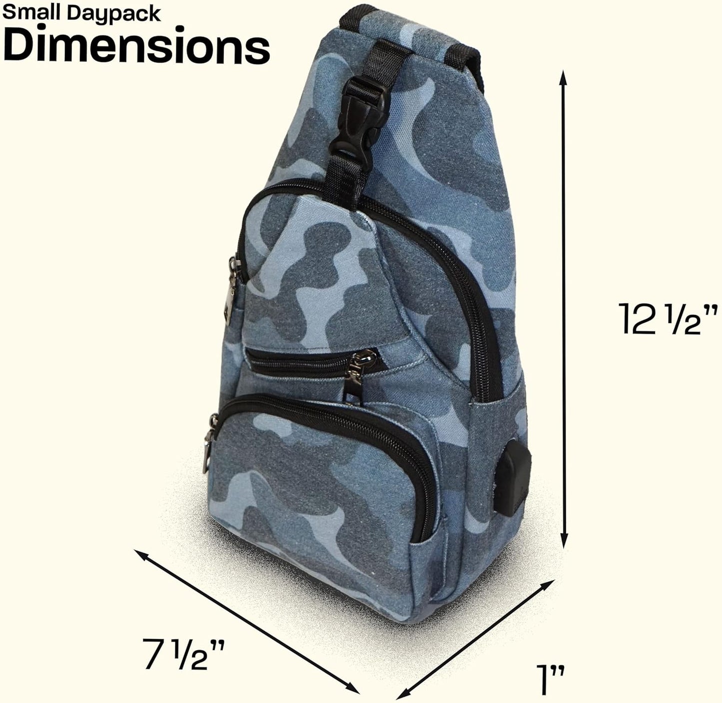 Anti-Theft Daypack Crossbody Sling Backpack, USB Charging Connector Port, Lightweight Day Pack for Travel, Hiking, Everyday, Regular, Black