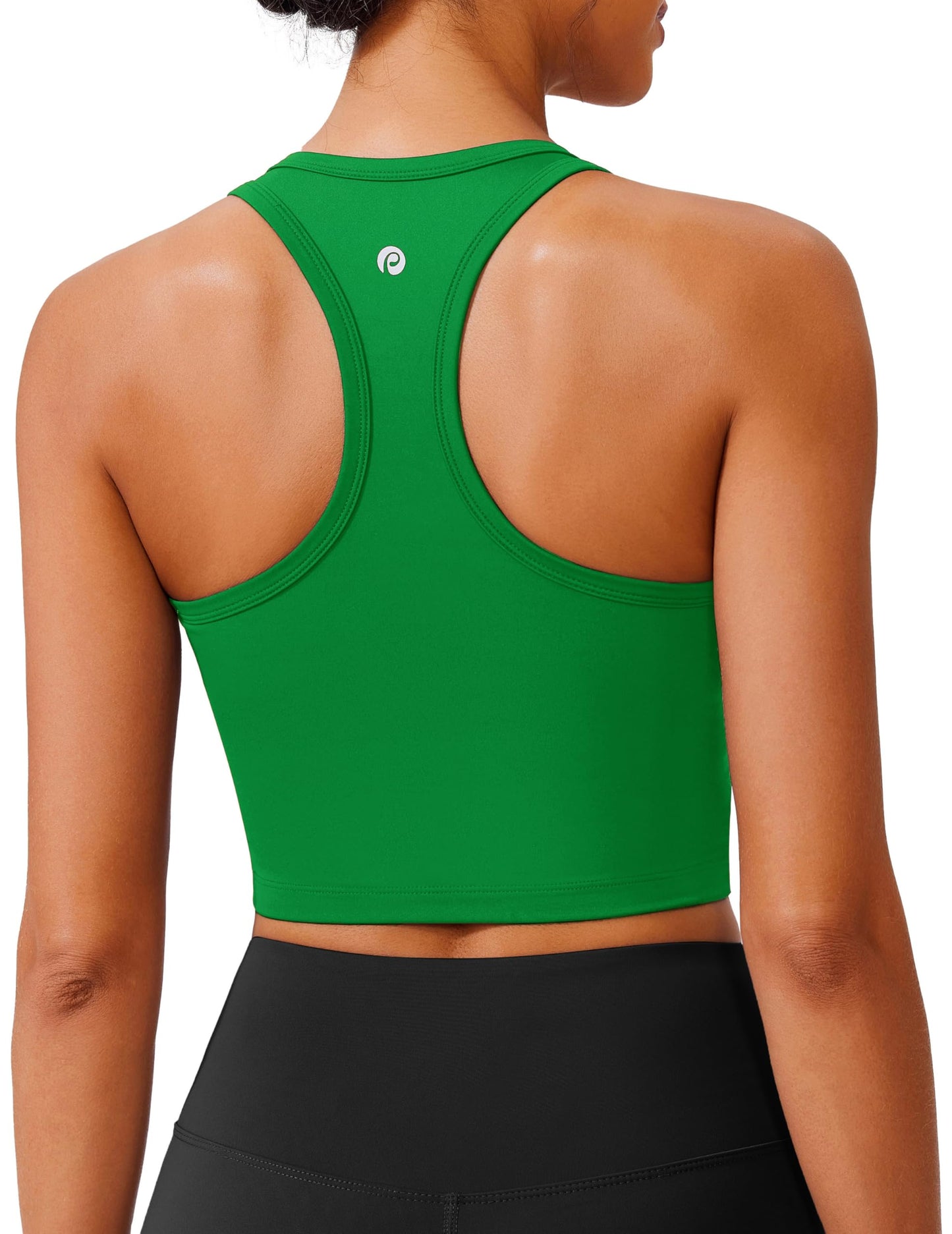 PINSPARK Sports Bras for Women Longline Workout Tops with Light Supportive Racerback Tank with Built in Bra Pilate Crop Top, Green Medium