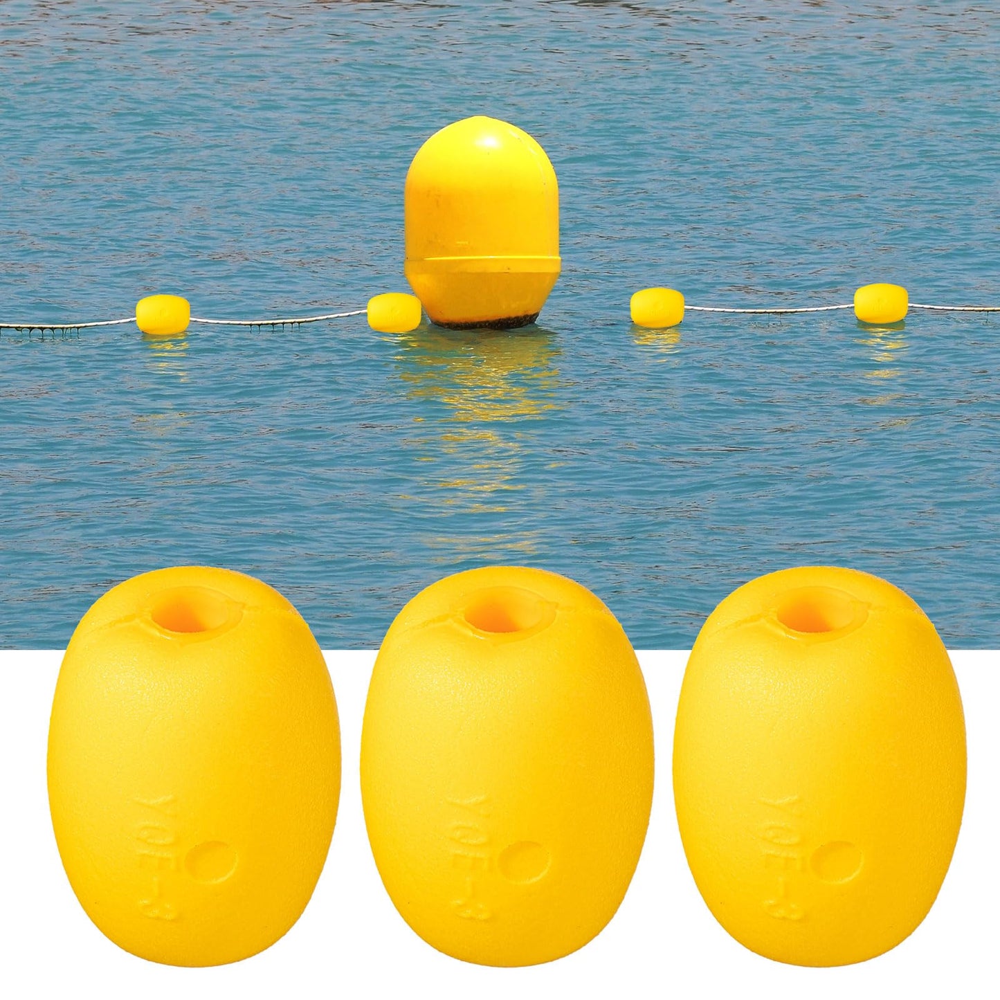 Poen 6 Pcs Buoys Float Rope Floats Marine, 4" x 3", 4/5" Hole Deep Water Fishing Marker Buoys Anchor for Boat Swimming Pool Kayak Trail Dock Crabbing Skiing Marine, Yellow