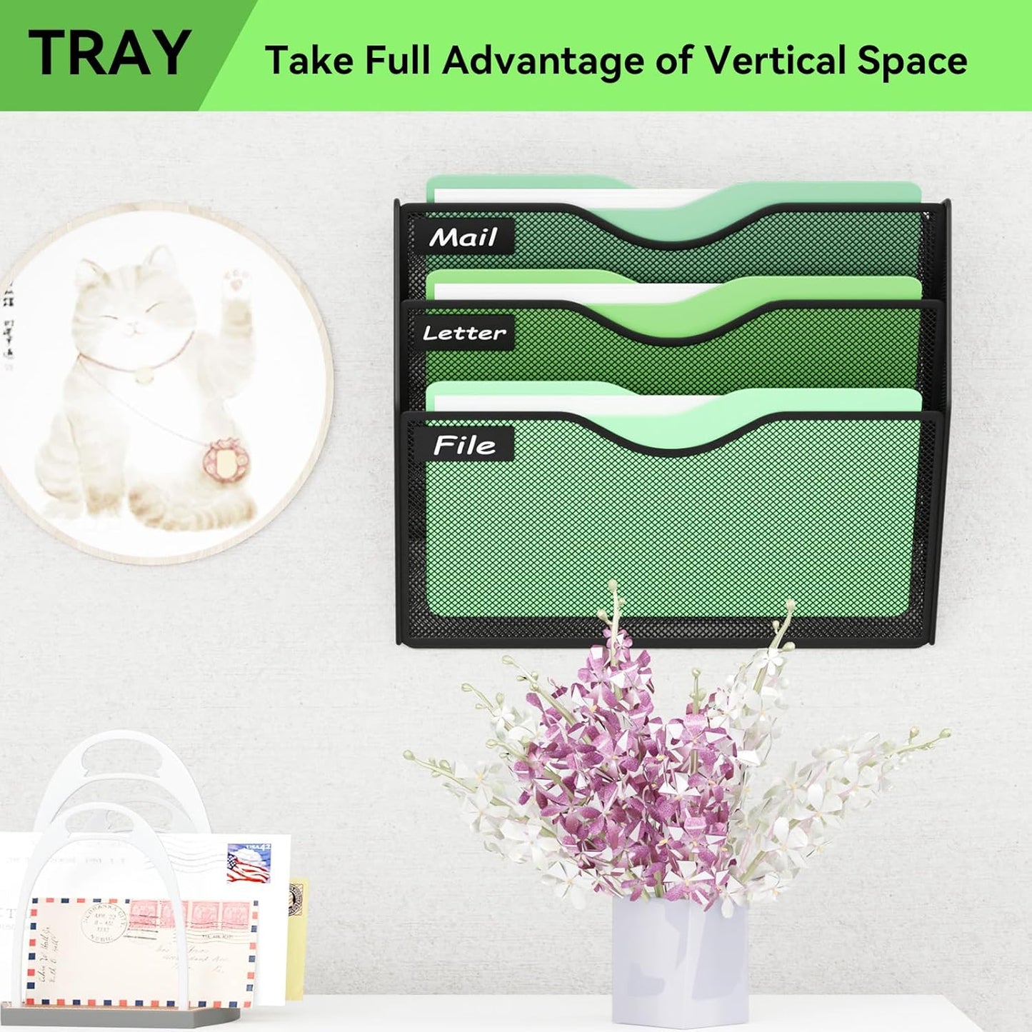 5 Pockets Mesh Hanging Wall File Holder Organizer Wall Mounted Paper Magazine Rack, Black