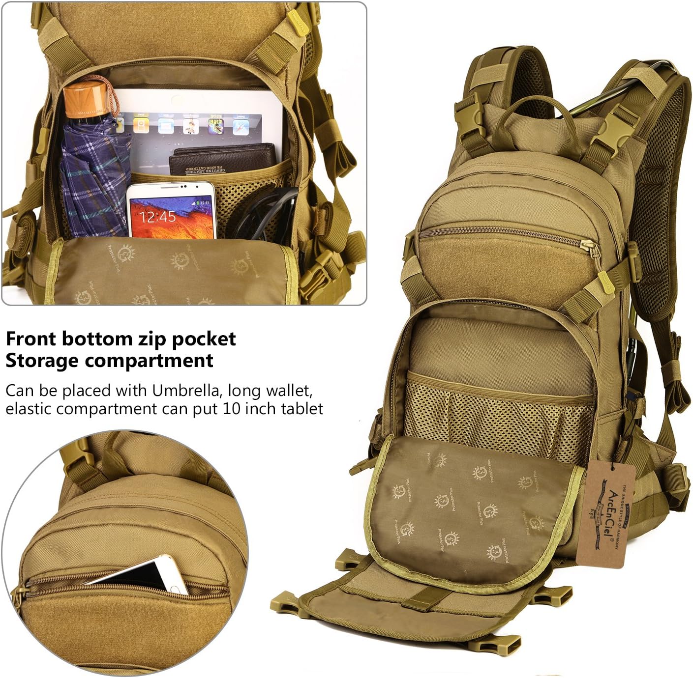 ArcEnCiel 25L Adult Tactical Motorcycle Cycling Backpack Pocket Molle Pack Helmet Holder(Patch&Rain Cover Included)