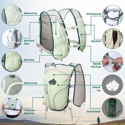 Lightweight Running Vest Hydration Backpack, Hydration Vest with 2L Water Bladders - Adjustable Chest Straps and Reflective Water Backpack Fit for Men Women Hiking Cycling Camping Festival Marathon