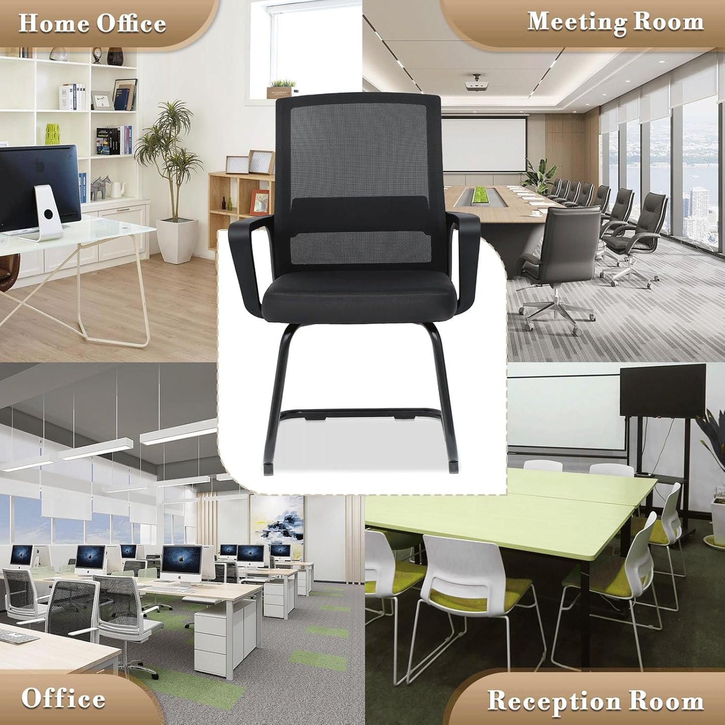 Athena Collection Desk Chairs No Wheels Set of 2, Office Guest Chairs with Sled Base Mesh Back Armrest, Side Reception Armchairs for Reception Conference Waiting Room, Black