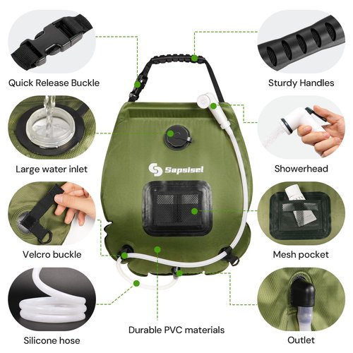 sapsisel Camping Shower Bag, 5 Gal/20L Solar Heating Camping Shower with Upgraded Hose and Shower Head, Portable Shower for Camping, Solar Shower