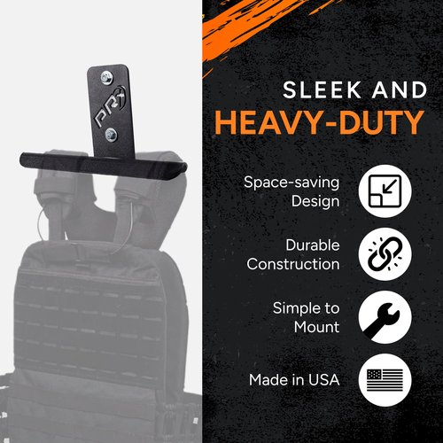 PRx Performance Wall-Mounted Heavy Duty Storage Hanger for Weight Vests,Tactical Gear, Backpacks,and Body Armor Plate Carrier Vests -Durable Steel Construction for Home Gym Accessories-USA-Made -Black