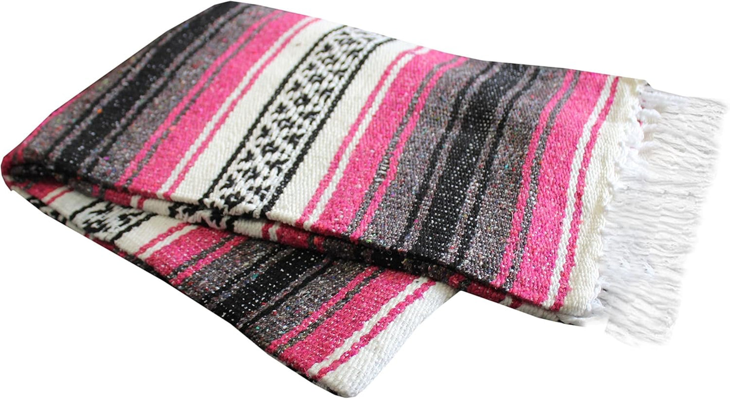 Authentic Del Mex Large Mexican Blanket - Woven Falsa Throw (70"x50") for Beach, Yoga & Outdoor Decor - Pink/Tan