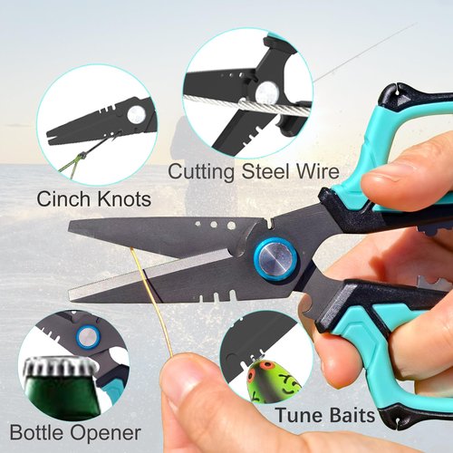 UEDGER Fishing Scissors Line Cutter - Saltwater Fishing Pliers Kit with Retractors, Serrated Blades for Braid Line, Multifunction Split Ring Pliers Hook Remover Tools Gifts for Fisherman