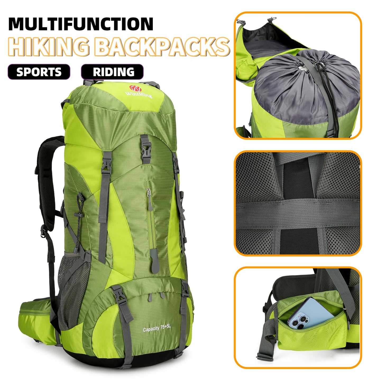ZCSQIUO 75L Hiking Backpack for Men Women Daypack Backpack Outdoor Waterproof Camping Backpack with Rain Cover (Green)