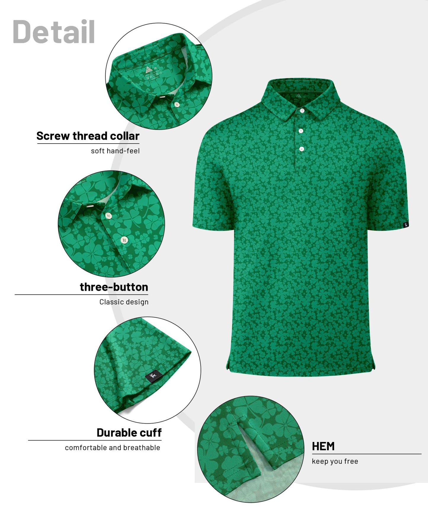 ZITY Mens Print Polo Shirts Short Sleeve Moisture Wicking Shirts for Men Golf Tennis Daily Casual Collared T-Shirt St Patricks Day Large