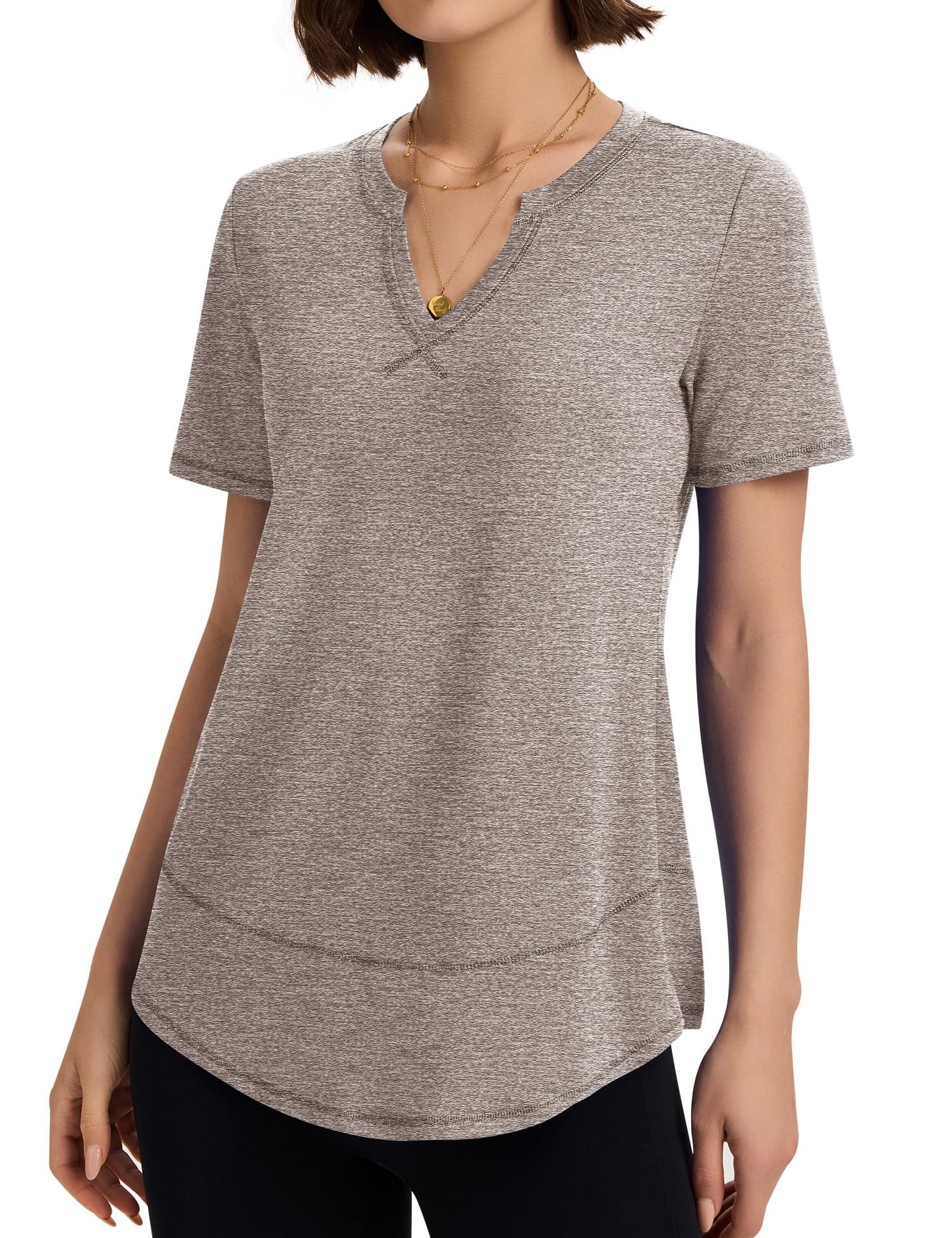 TCOT Womens T Shirts Loose Workout Tops V Neck Short Sleeve Gym Shirts Athleisure Top Exercise Shirts Light Brown XL